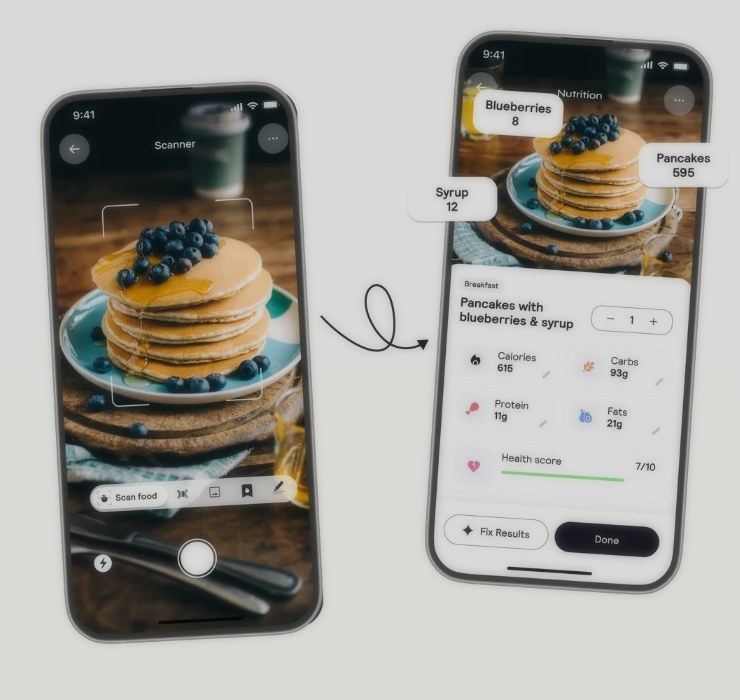 Antara muka Cal AI — scan makanan dan pecahan kalori, protein, karbohidrat, lemak